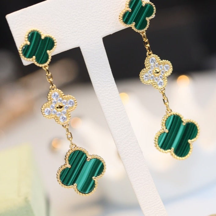 ¡®Star¡¯CLOVER EARRINGS GOLD MALACHITE DIAMOND 3 MOTIF
