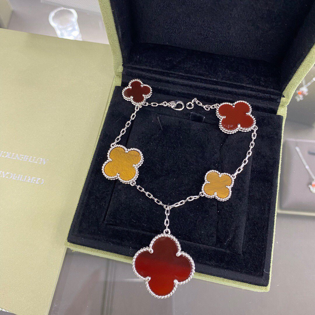¡®Star¡¯CLOVER 5 MOTIFS SIVLER CARNELIAN TIGER EYE BRACELET