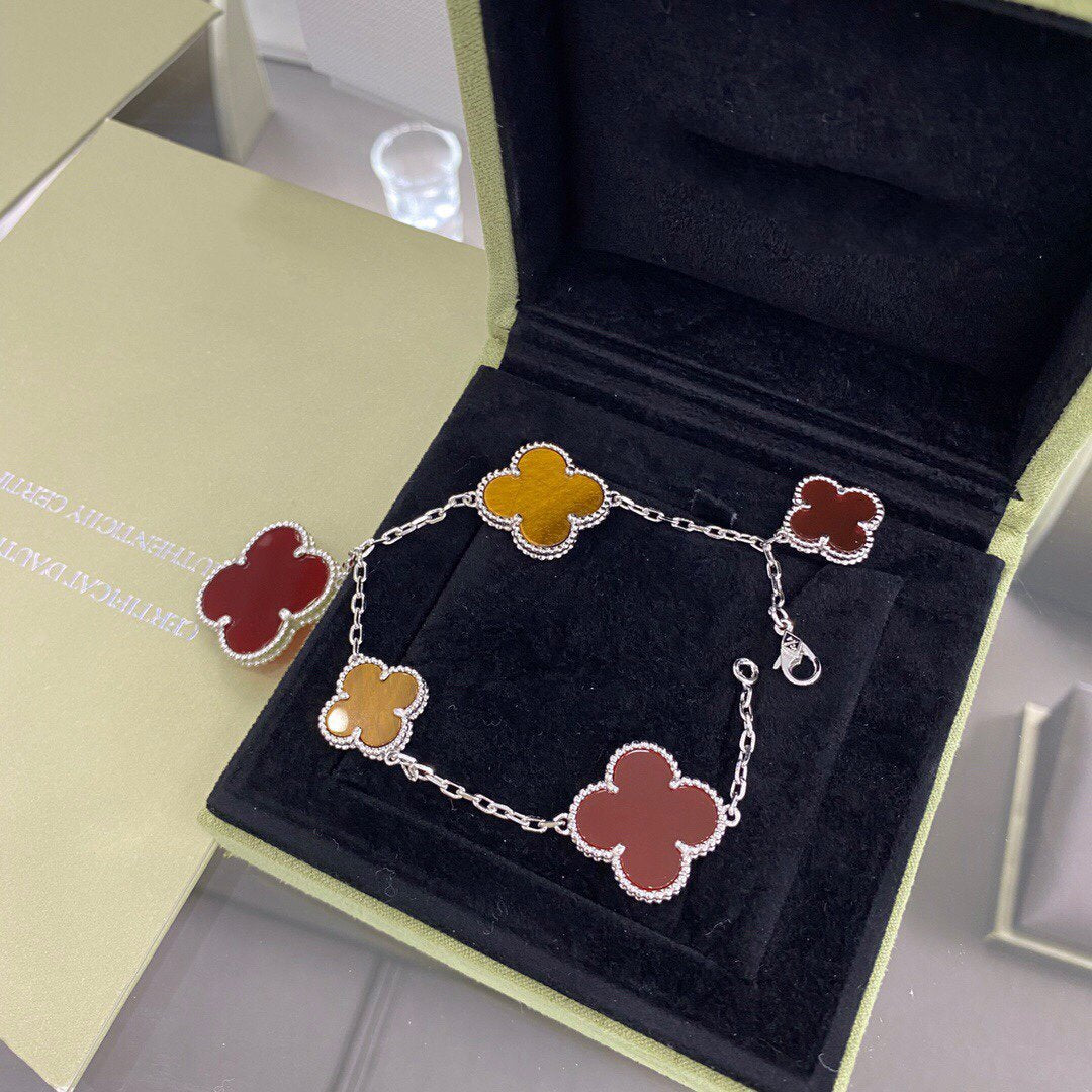 ¡®Star¡¯CLOVER 5 MOTIFS SIVLER CARNELIAN TIGER EYE BRACELET