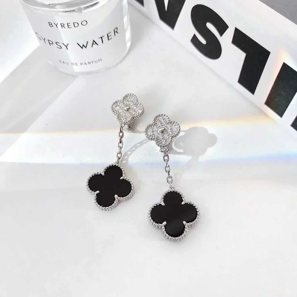 ¡®Star¡¯CLOVER 2 MOTIFS  DIAMOND ONYX EARRINGS SILVER