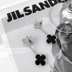¡®Star¡¯CLOVER 2 MOTIFS  DIAMOND ONYX EARRINGS SILVER
