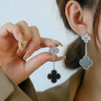 ¡®Star¡¯CLOVER 2 MOTIFS  DIAMOND ONYX EARRINGS SILVER