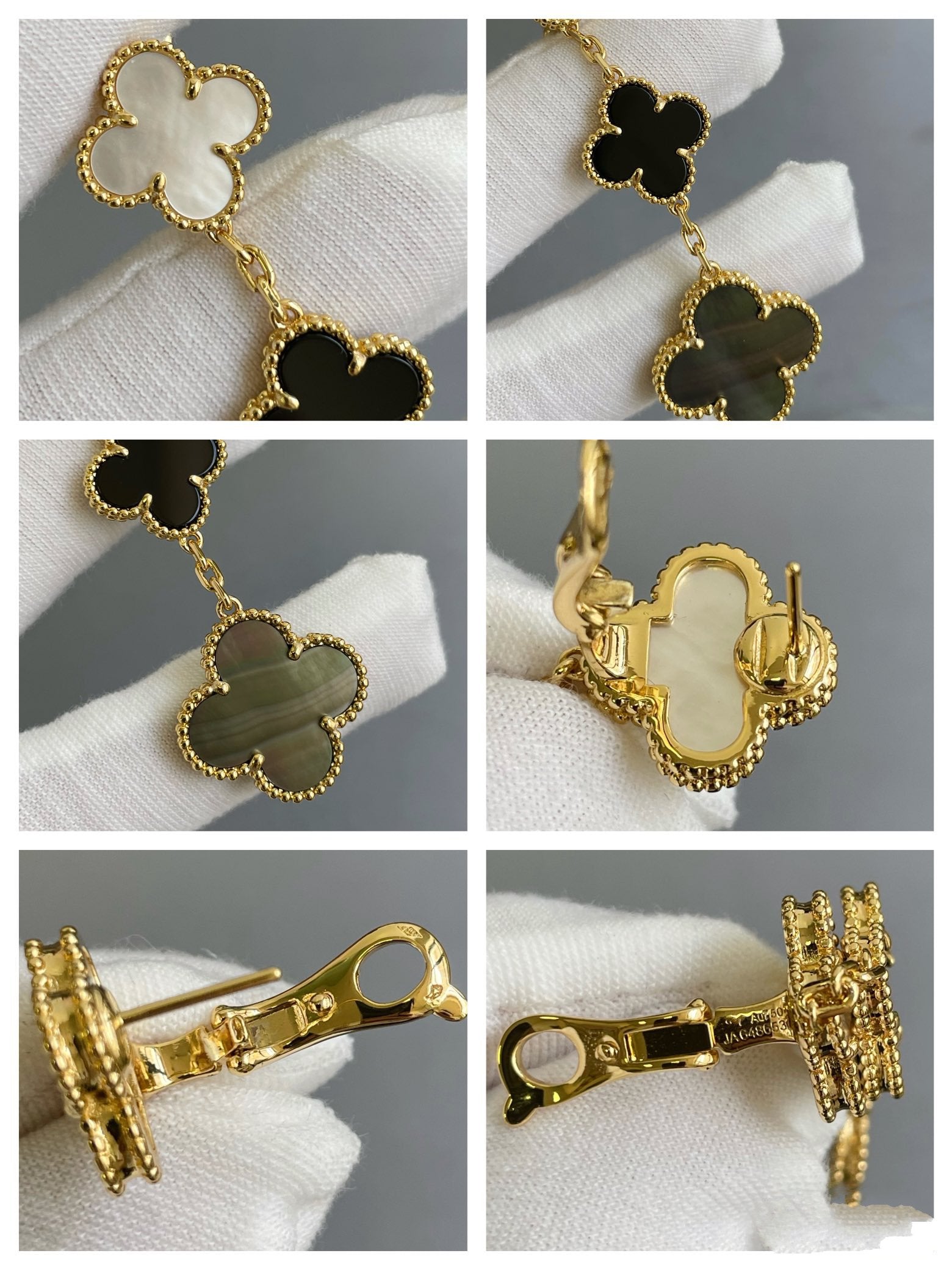 ¡®Star¡¯CLOVER 3 MOTIF MOP ONYX DARK MOP PINK GOLD EARRINGS