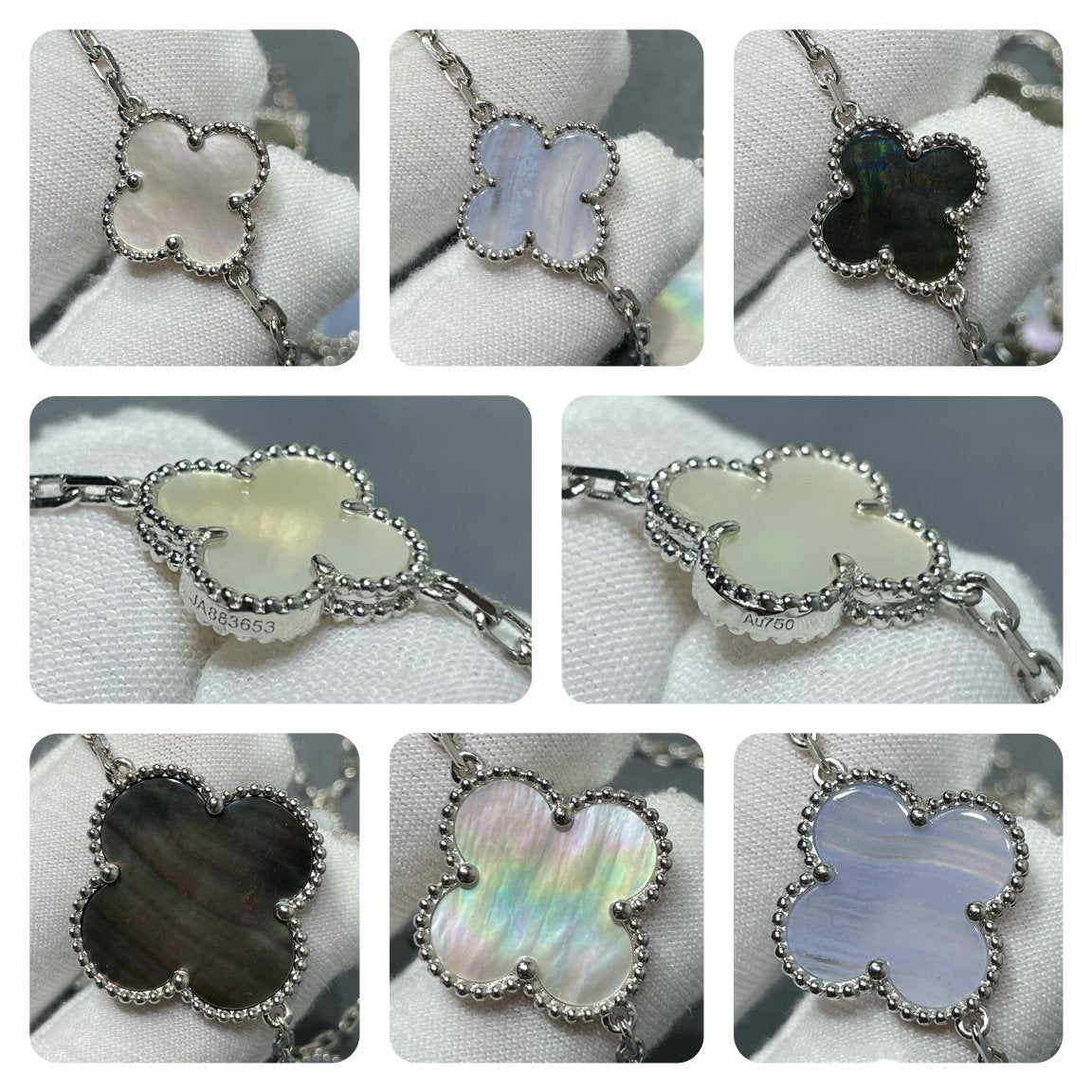¡®Star¡¯CLOVER 16 MOTIF CHALCEDONY MOP SILVER NECKLACE