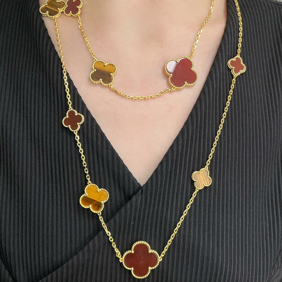 ¡®Star¡¯CLOVER 16 MOTIF CARNELIAN TIGER EYE ROSE GOLD NECKLACE