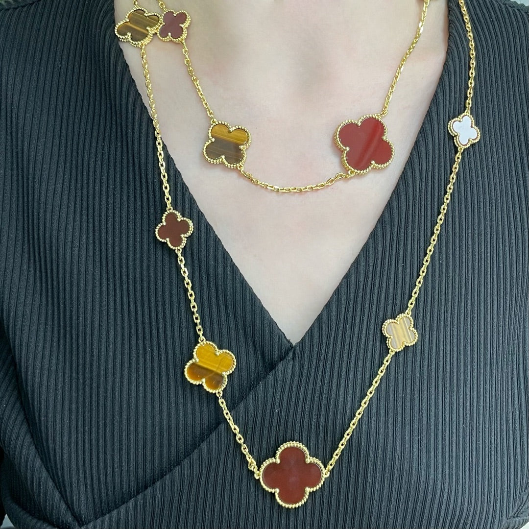 ¡®Star¡¯CLOVER 16 MOTIF CARNELIAN TIGER EYE ROSE GOLD NECKLACE