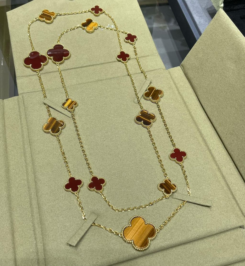 ¡®Star¡¯CLOVER 16 MOTIF CARNELIAN TIGER EYE ROSE GOLD NECKLACE