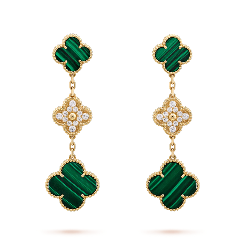 ¡®Star¡¯CLOVER EARRINGS GOLD MALACHITE DIAMOND 3 MOTIF