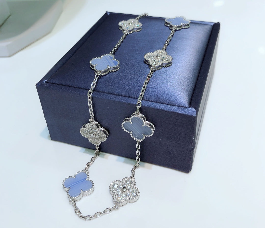 ¡®Star¡¯CLOVER 10 MOTIFS CHALCEDONY DIAMONDS SILVER NECKLACE